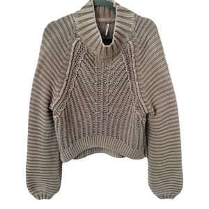 Free People Chunky Slouchy Knit Taupe Tan Mock Neck Fall Cozy Sweater‎ Small